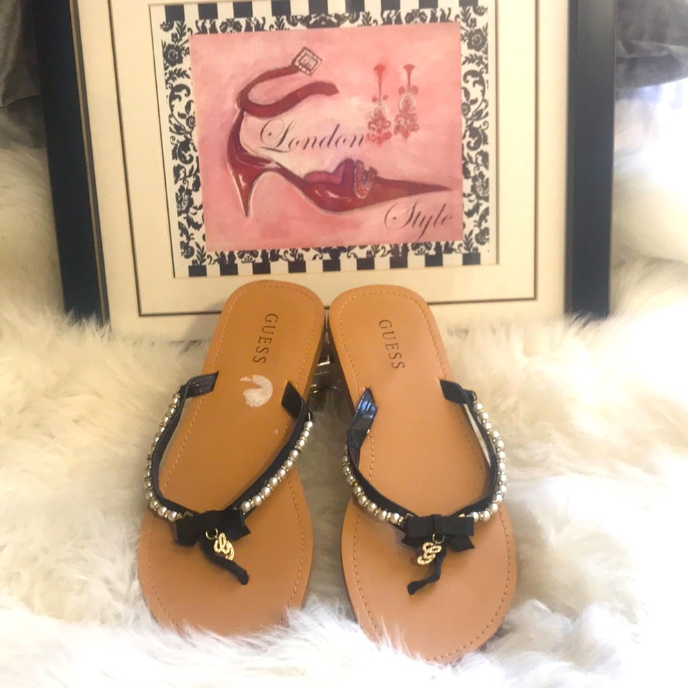 GUESS Flip Flops. Size 9.  Black with pearl/diamanté detail & diamanté “G”.